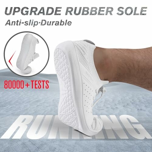 White shoe demonstrating flexible rubber sole with text highlighting anti-slip durability and 80000+ tests.