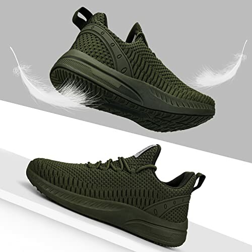 Olive green knitted sneakers with feathers.