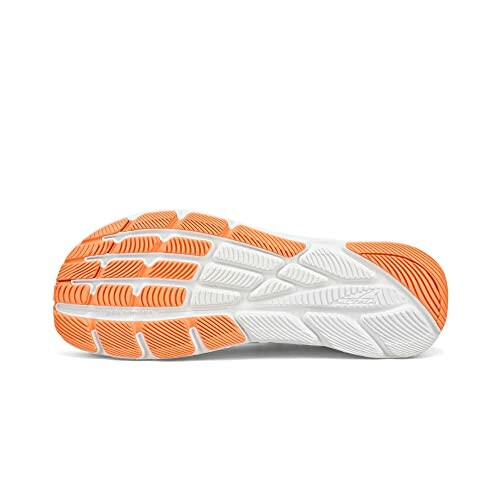 Bottom view of a sneaker sole with orange and white pattern