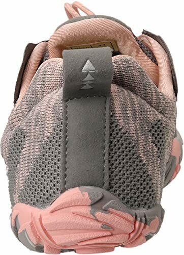 Back view of pink and gray sneaker with mesh design.