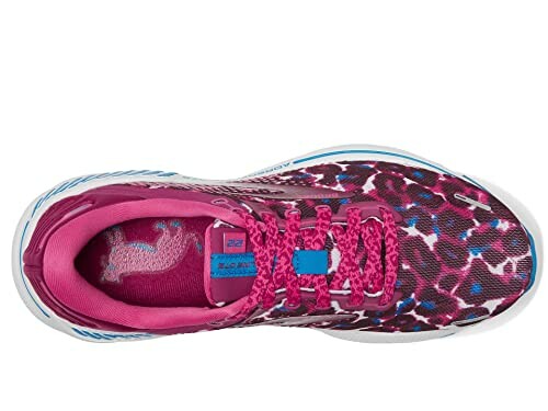 Top view of a pink patterned running shoe with lace-up closure.