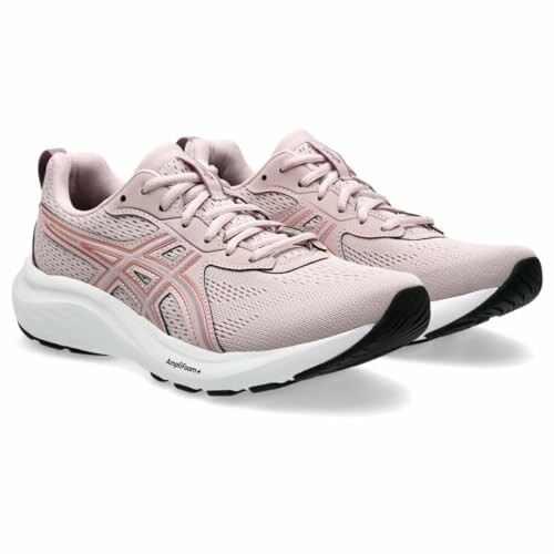 Pair of pink Asics running shoes with white soles.