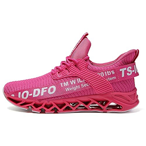 Pink sports shoe with unique sole design.