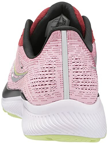 Rear view of a pink running shoe with white sole