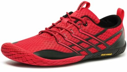 Red minimalist running shoe with black accents and lace-up design.