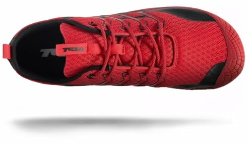 Top view of a red running shoe with black accents.