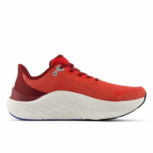 Red running shoe with a thick white sole.