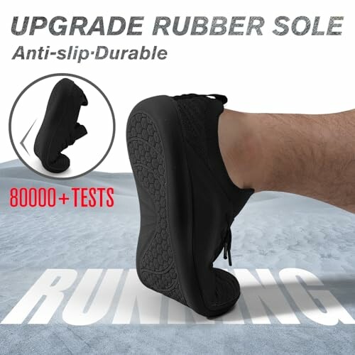 Foot in black shoe showcasing upgraded anti-slip rubber sole for running.