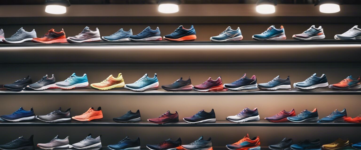 Running shoes on a store shelf