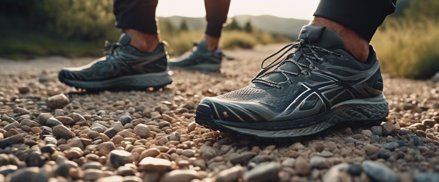 Men's running shoes on a trail