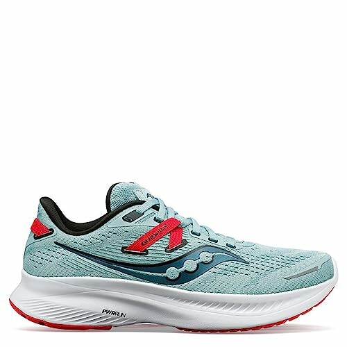 Light blue Saucony running shoe with red accents