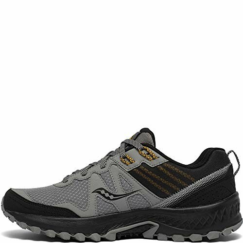 Gray and black trail running shoe with rugged sole