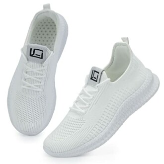 White mesh sneakers with a geometric pattern.