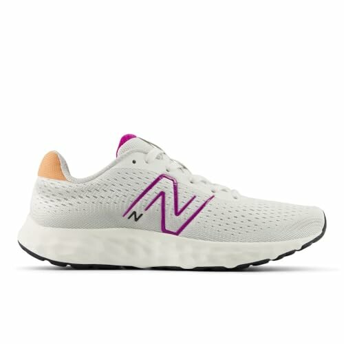 White running shoe with purple logo and orange heel accent.