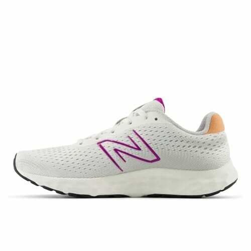 White running shoe with purple logo