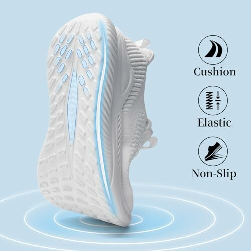 White sneaker showcasing cushioned, elastic, non-slip sole.