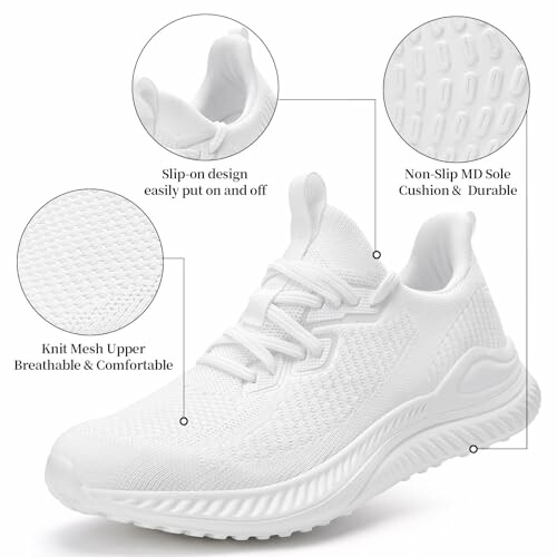 White sneakers with slip-on design, knit mesh upper, and non-slip MD sole.