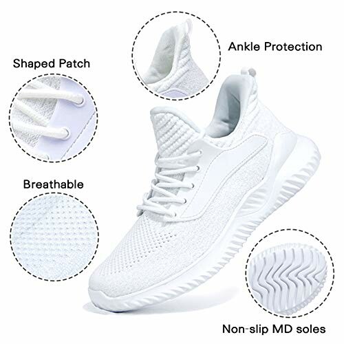 White sneaker with ankle protection, shaped patch, breathable material, and non-slip soles.