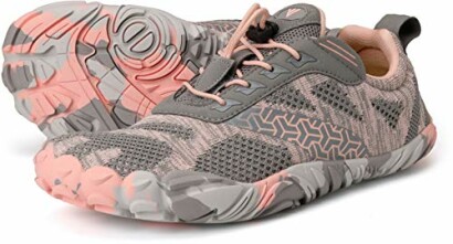 Women's barefoot running shoes in gray and pink with textured sole.